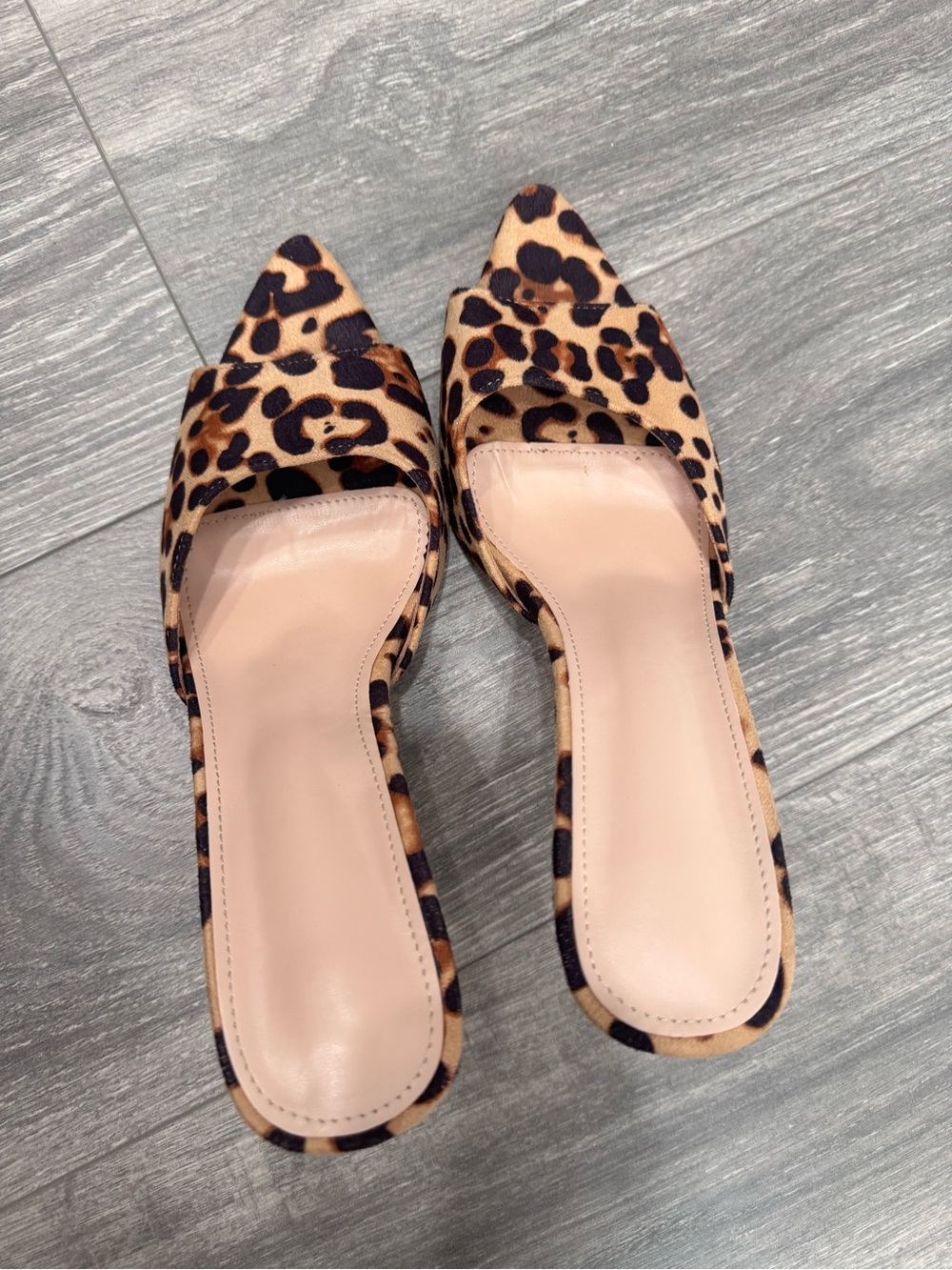 Leopard Print Pointed Toe Slide Mules - Brown